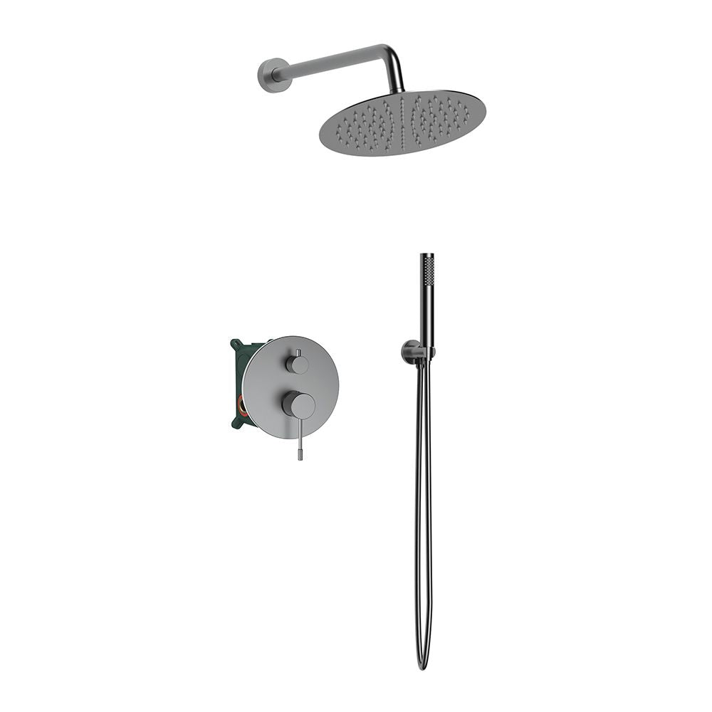 Orabella Terra Gun Metal Light - Concealed Shower set with a concealed 2 way bath shower mixer, a shower head Ø250 with an extention arm and a raindance 3 jet hand shower with a flex hose and a shower holder