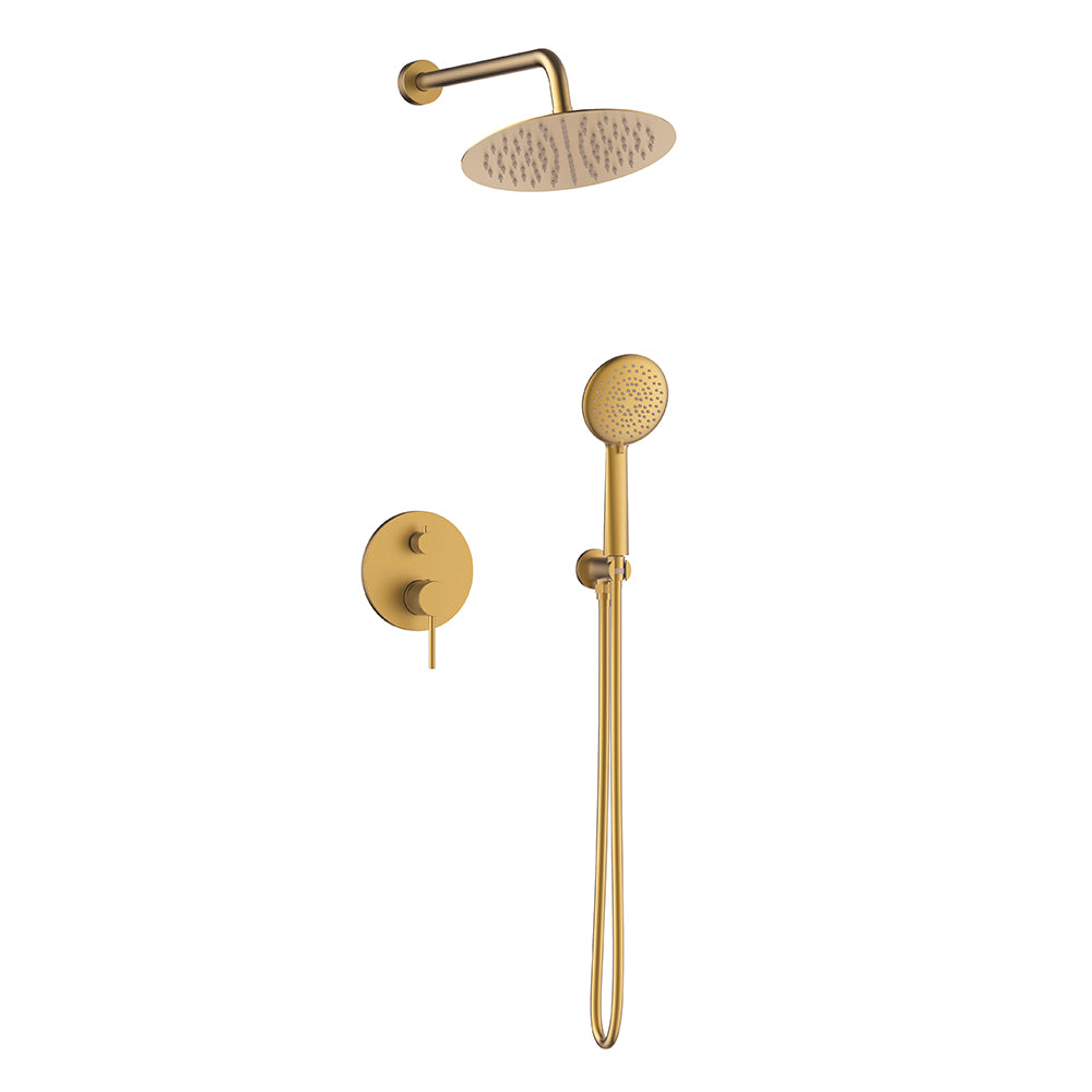 Orabella Preciosa Brushed gold - Concealed Shower set with a concealed 2 way bath shower mixer, a shower head Ø250 with an extention arm and a raindance 5 function hand shower with a flex hose and a shower holder