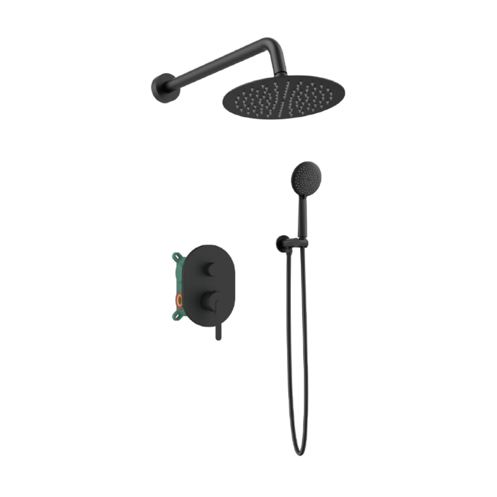 Orabella Marea Black matt - Concealed Shower set with a concealed 2 way bath shower mixer, a shower head Ø250 with an extention arm and a raindance 5 function hand shower with a flex hose and a shower holder
