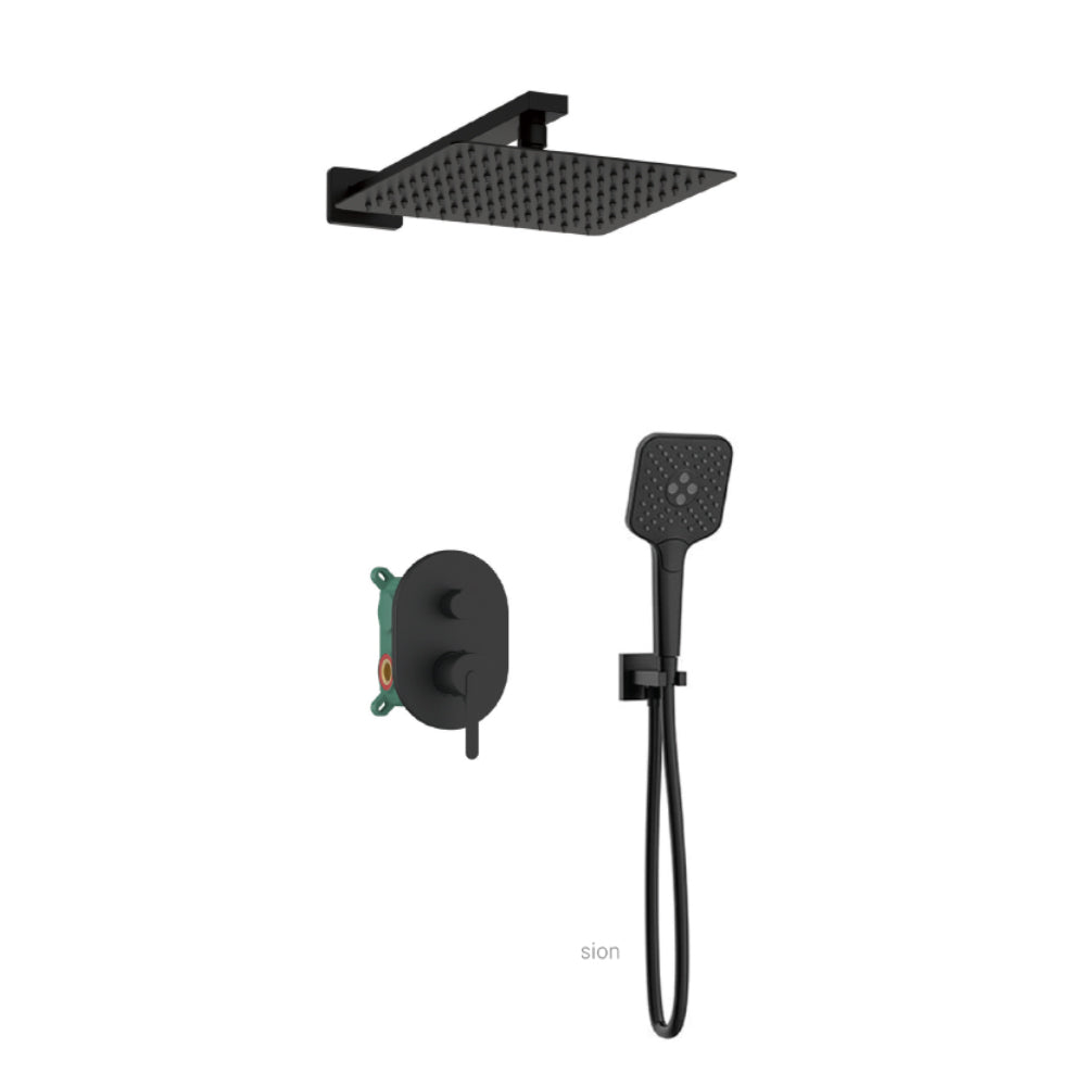 Orabella Marea Black matt - Concealed Shower set with a concealed 2 way bath shower mixer, a shower head 250X250 with an extention arm and a raindance 5 function hand shower with a flex hose and a shower holder