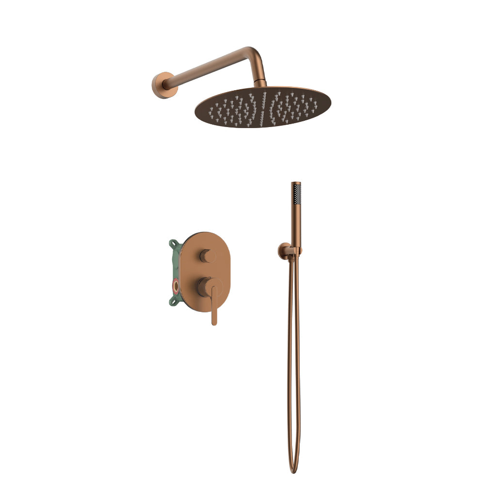 Orabella Marea Rose gold- Concealed Shower set with a concealed 2 way bath shower mixer, a shower head Ø250 with an extention arm and a raindance 5 function hand shower with a flex hose and a shower holder