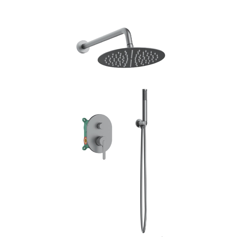 Orabella Marea Gun metal light - Concealed Shower set with a concealed 2 way bath shower mixer, a shower head Ø250 with an extention arm and a raindance 5 function hand shower with a flex hose and a shower holder