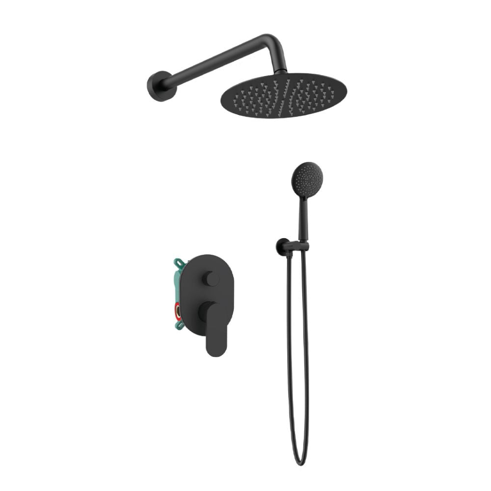 Orabella Aspen Black matt - Concealed Shower set with a concealed 2 way bath shower mixer, a shower head Ø250 with an extention arm and a raindance 5 function hand shower with a flex hose and a shower holder
