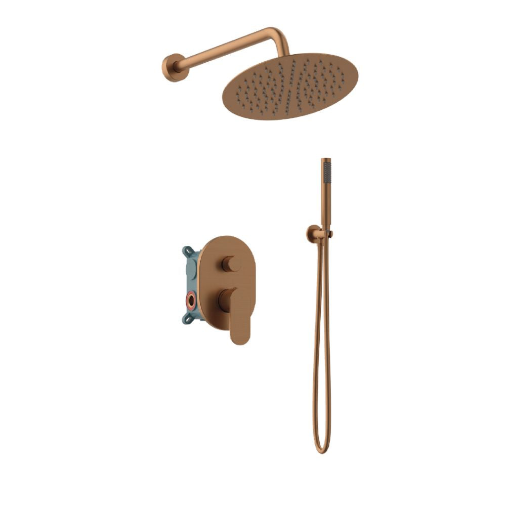 Orabella Aspen Rose gold- Concealed Shower set with a concealed 2 way bath shower mixer, a shower head Ø250 with an extention arm and a raindance 5 function hand shower with a flex hose and a shower holder