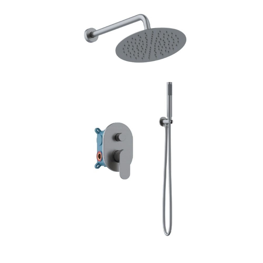 Orabella Aspen Gun metal light - Concealed Shower set with a concealed 2 way bath shower mixer, a shower head Ø250 with an extention arm and a raindance 5 function hand shower with a flex hose and a shower holder