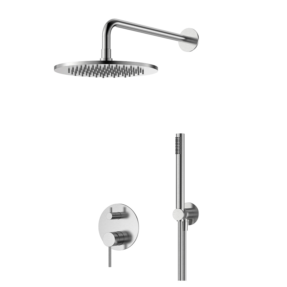 Orabella Steel 316 - Concealed Shower set with a concealed 2 way bath shower mixer, a shower head Ø250 with an extention arm and a raindance 5 function hand shower with a flex hose and a shower holder