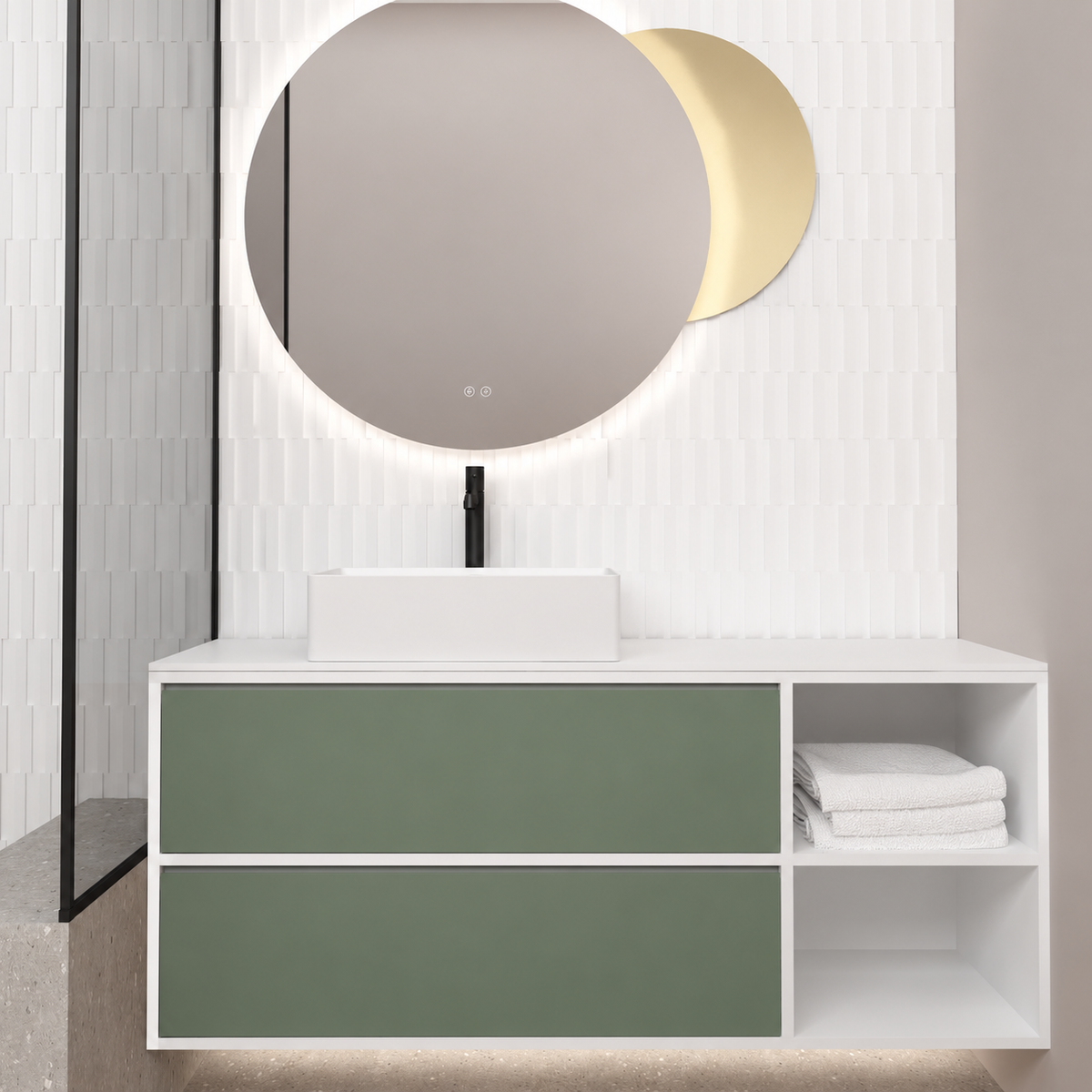 Orabella Double Drawer with Shelf; cabinet101; drawers162; white countertop
