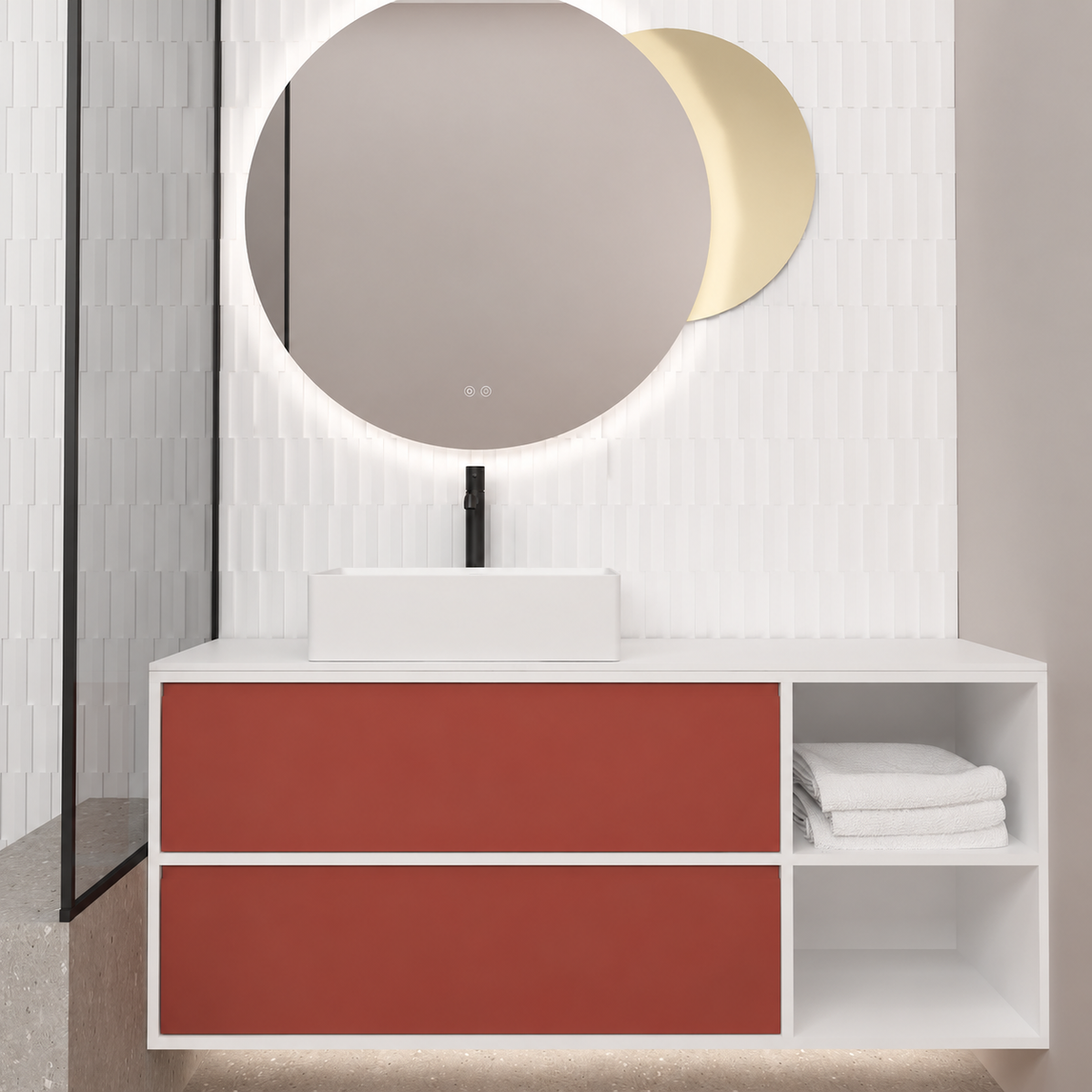 Orabella Double Drawer with Shelf; cabinet101; drawers165; white countertop