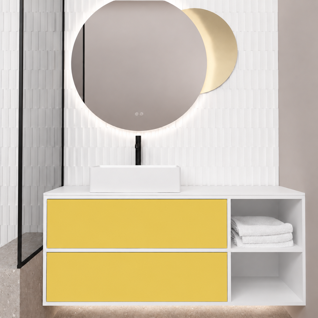 Orabella Double Drawer with Shelf; cabinet101; drawers168; white countertop