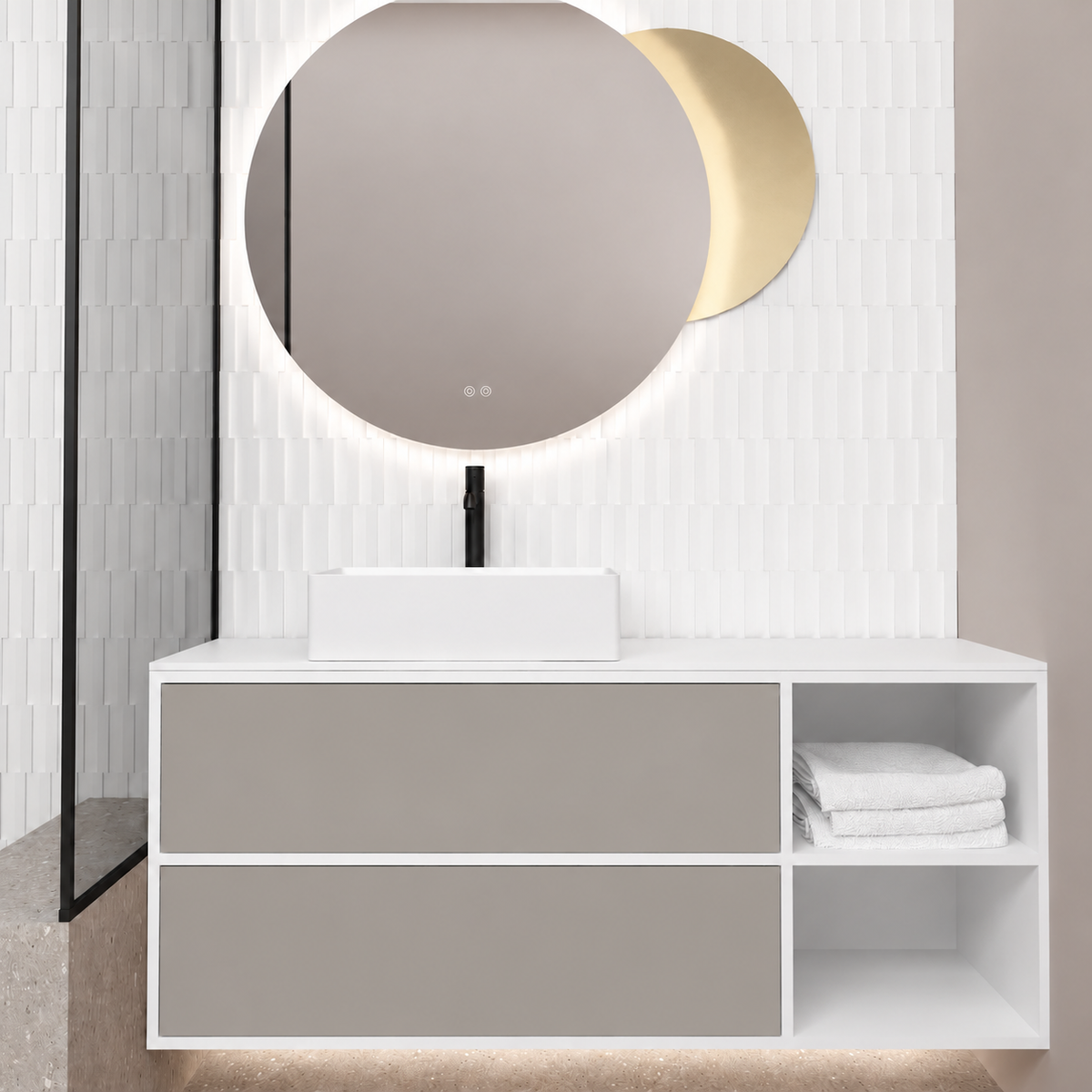 Orabella Double Drawer with Shelf; cabinet101; drawers194; white countertop