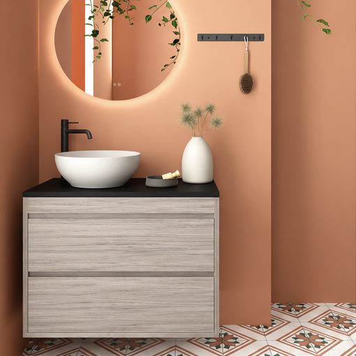 Orabella Mendil 80 deep Wall-Hung Bathroom Vanity - Laminate 719 / Black countertop