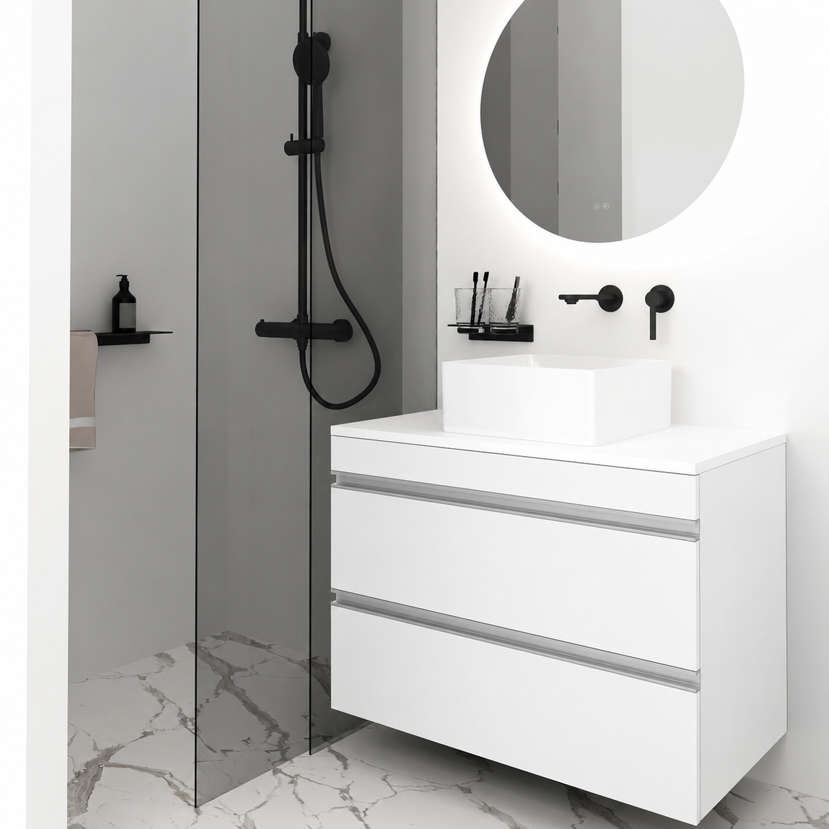 Orabella Vision 60 / 80 - Finish 101 / White countertop / Natural Aluminium Gola