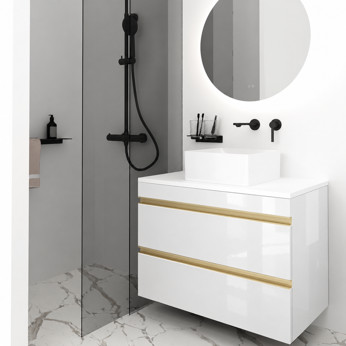 Orabella Vision 60 / 80 - Finish 6010 / White countertop / Brushed Gold Gola