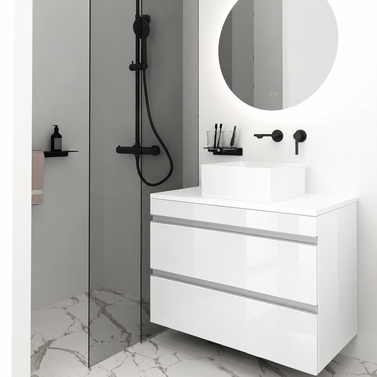 Orabella Vision 60 / 80 - Finish 6010 / White countertop / Natural Aluminium Gola