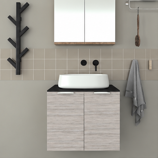 Orabella Solid Surface 60 Wall-Hung Bathroom Vanity for Countertop Basins - Laminate 719 / Black countertop / Chrome handles