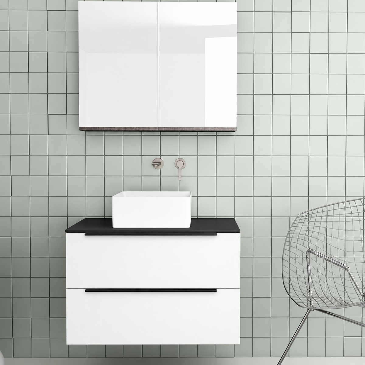 Orabella Solid Surface 80 Wall-Hung Bathroom Vanity for Countertop Basins - Laminate 101 / Black countertop / Two Drawers / Black handles