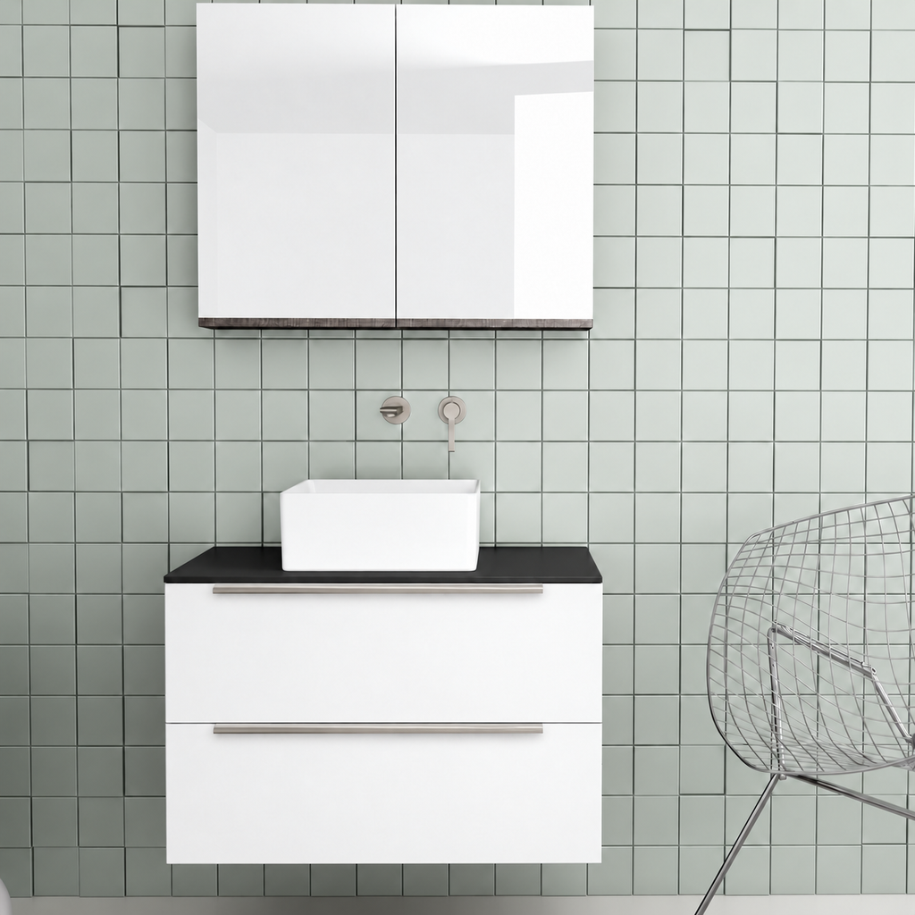 Orabella Solid Surface 80 Wall-Hung Bathroom Vanity for Countertop Basins - Laminate 101 / Black countertop / Two Drawers / Chrome handles