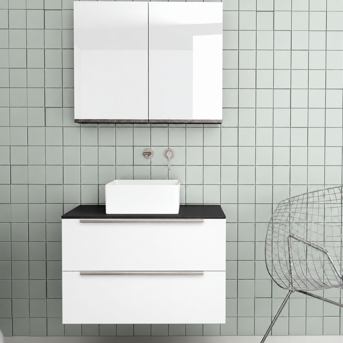Orabella Solid Surface 80 Wall-Hung Bathroom Vanity for Countertop Basins - Laminate 101 / Black countertop / Two Drawers / Chrome handles