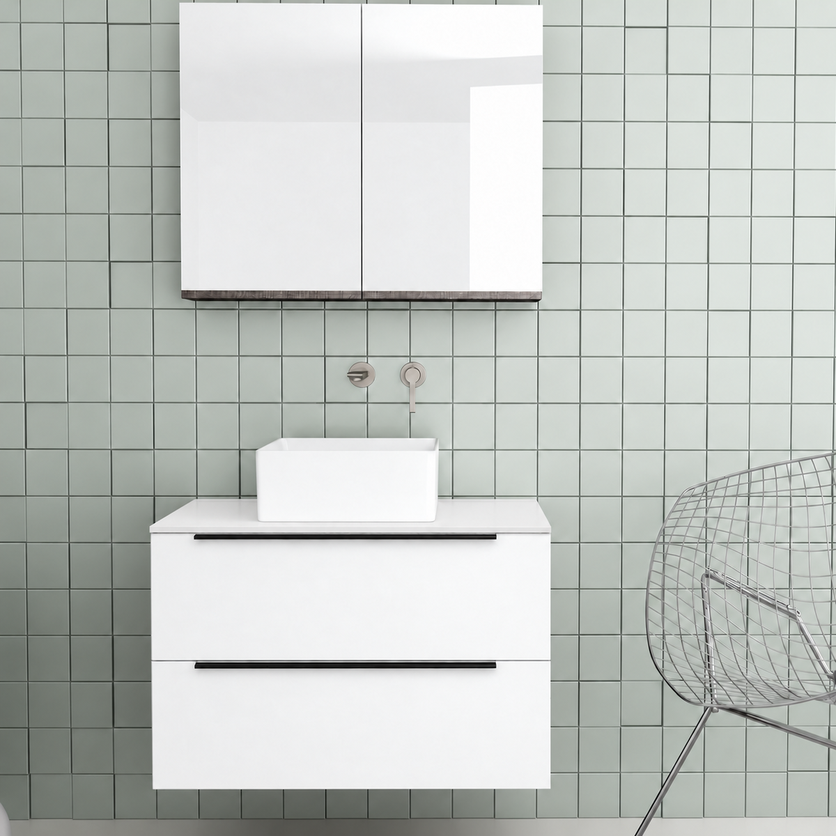 Orabella Solid Surface 80 Wall-Hung Bathroom Vanity for Countertop Basins - Laminate 101 / White countertop / Two Drawers / Black handles