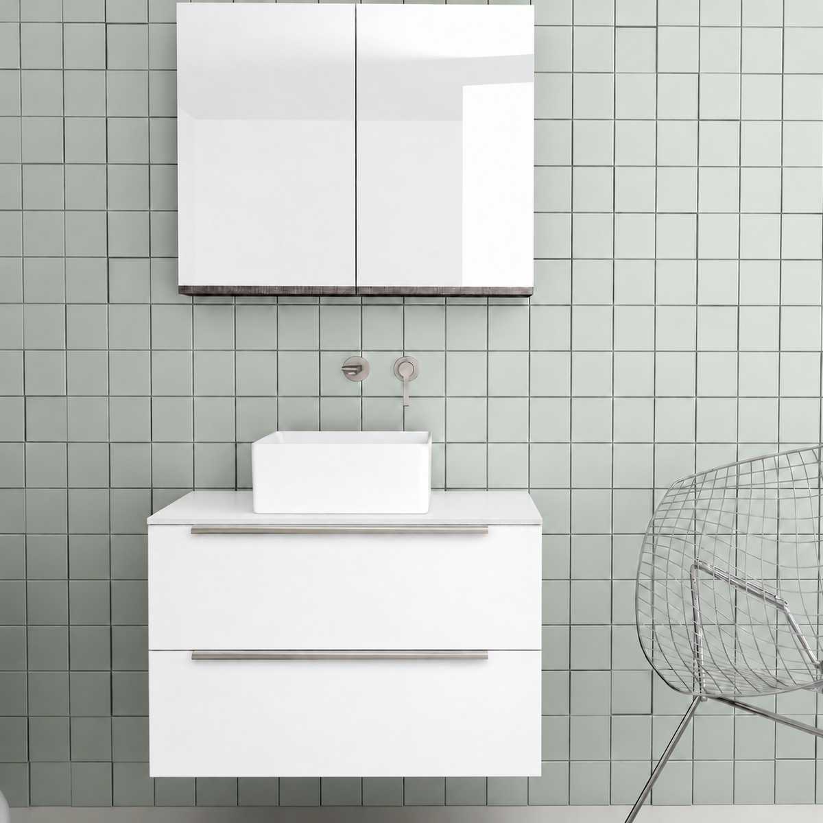 Orabella Solid Surface 80 Wall-Hung Bathroom Vanity for Countertop Basins - Laminate 101 / White countertop / Two Drawers / Chrome handles