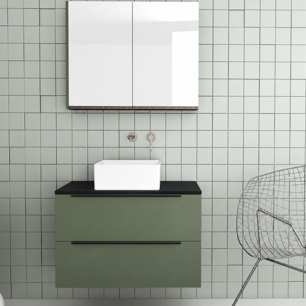 Orabella Solid Surface 80 Wall-Hung Bathroom Vanity for Countertop Basins - Laminate 162 / Black countertop / Two Drawers / Black handles