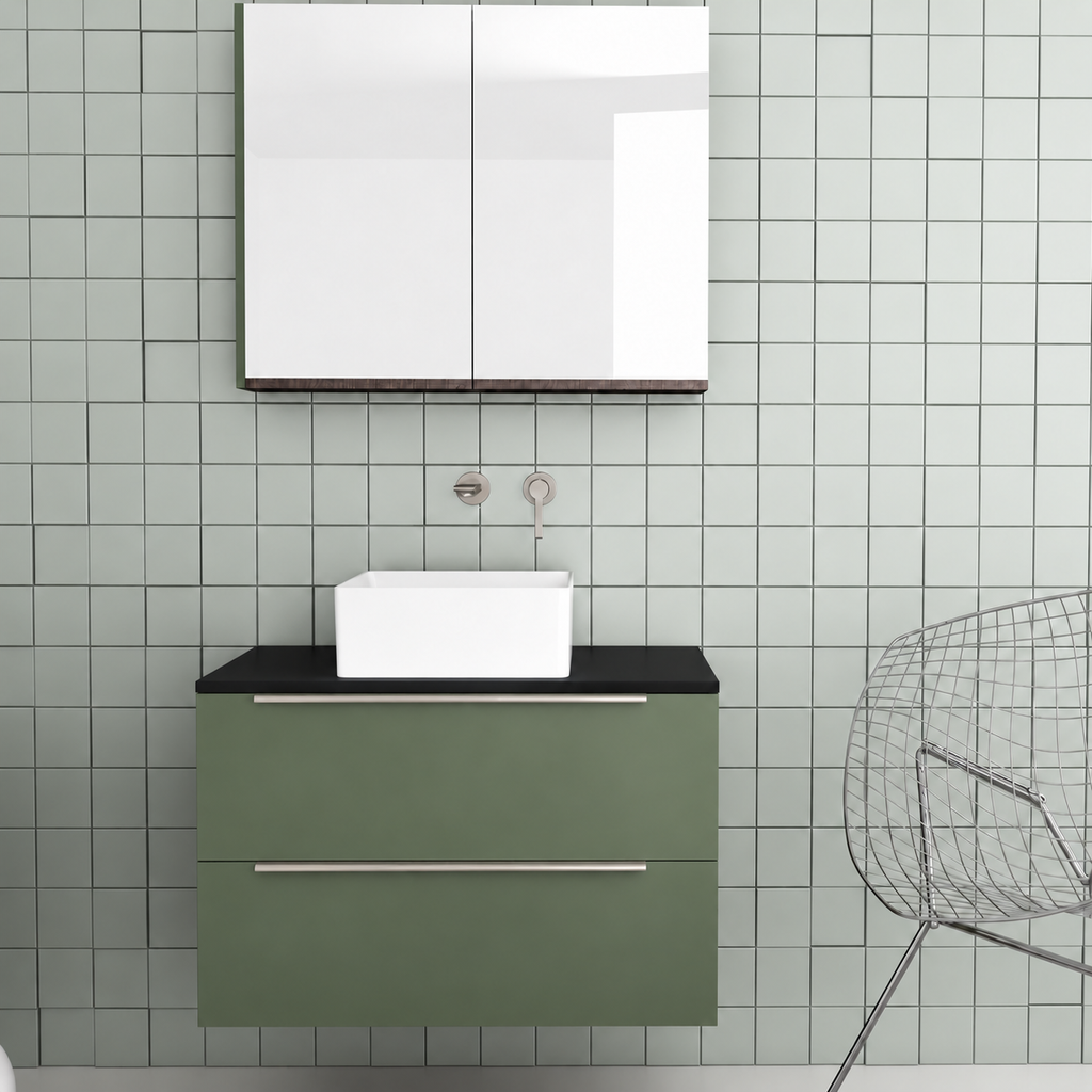 Orabella Solid Surface 80 Wall-Hung Bathroom Vanity for Countertop Basins - Laminate 162 / Black countertop / Two Drawers / Chrome handles