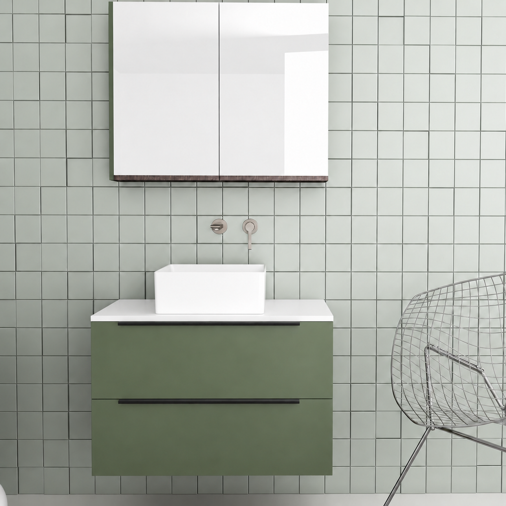 Orabella Solid Surface 80 Wall-Hung Bathroom Vanity for Countertop Basins - Laminate 162 / White countertop / Two Drawers / Black handles