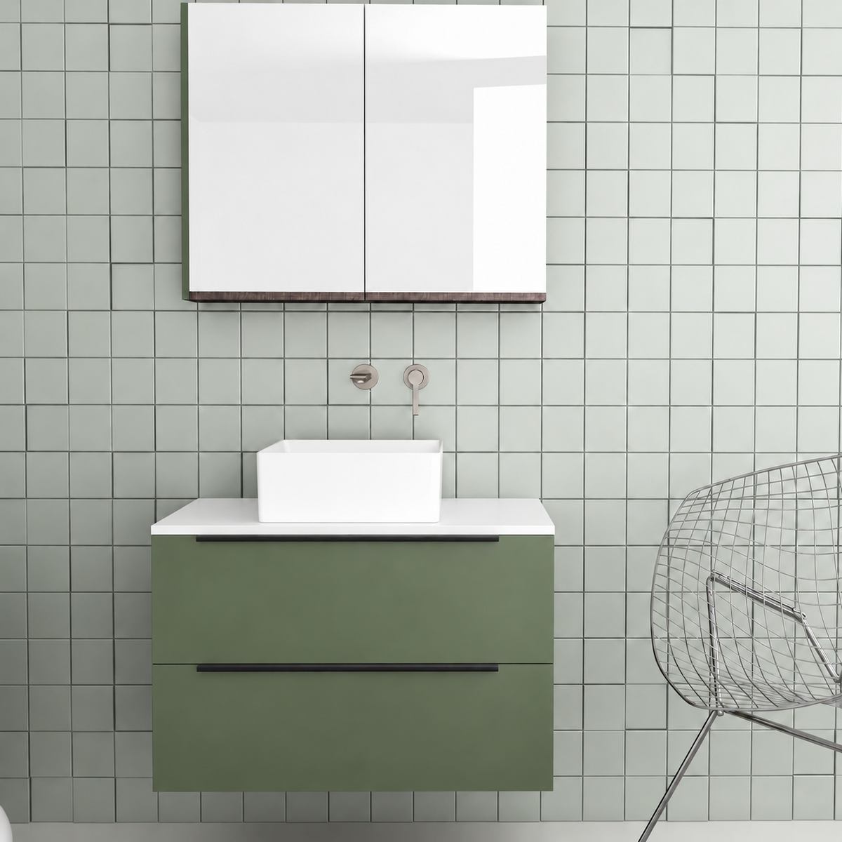 Orabella Solid Surface 80 Wall-Hung Bathroom Vanity for Countertop Basins - Laminate 162 / White countertop / Two Drawers / Black handles