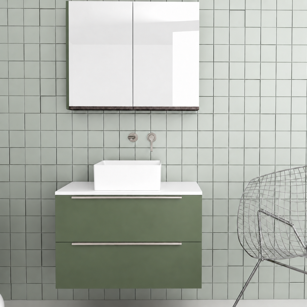 Orabella Solid Surface 80 Wall-Hung Bathroom Vanity for Countertop Basins - Laminate 162 / White countertop / Two Drawers / Chrome handles