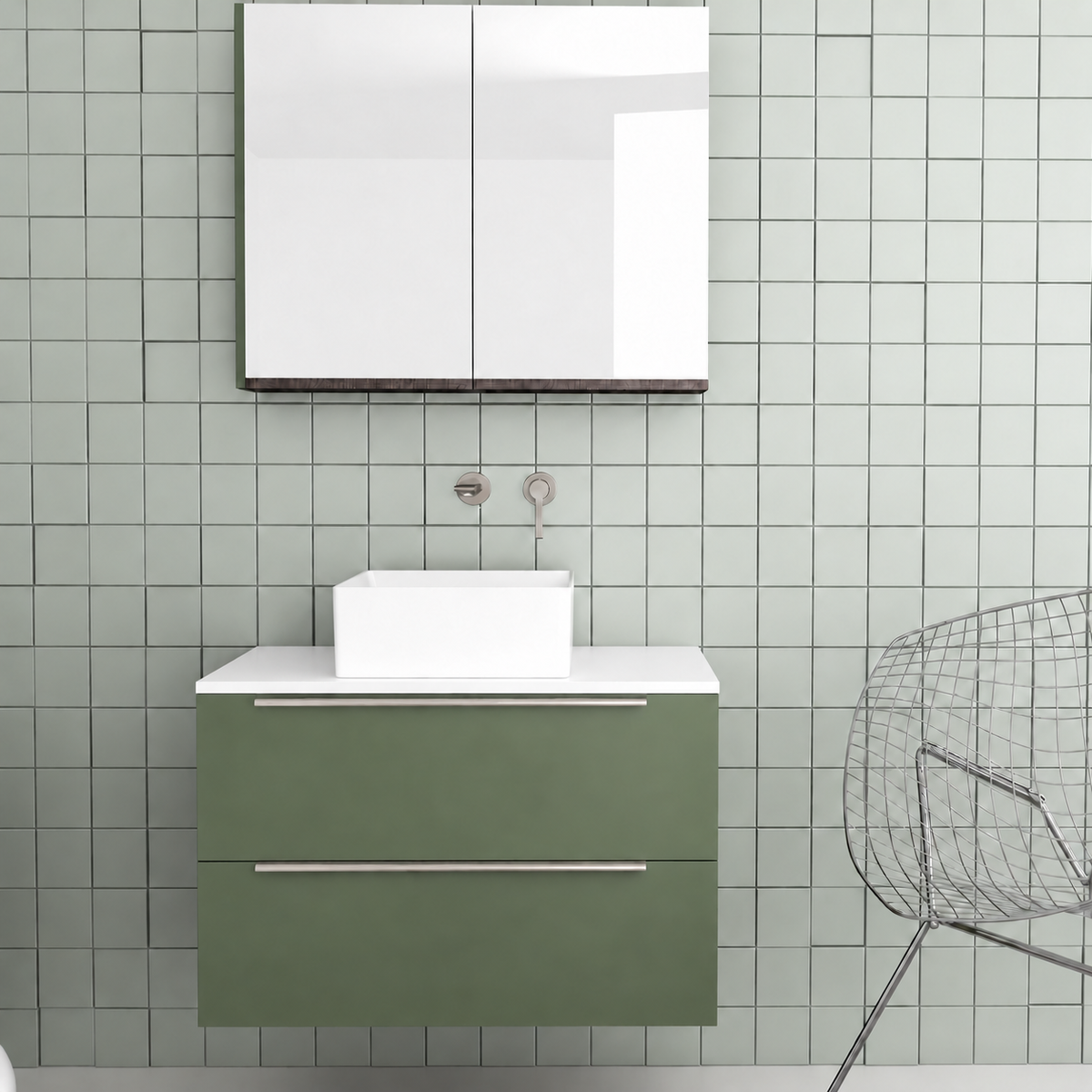 Orabella Solid Surface 80 Wall-Hung Bathroom Vanity for Countertop Basins - Laminate 162 / White countertop / Two Drawers / Chrome handles
