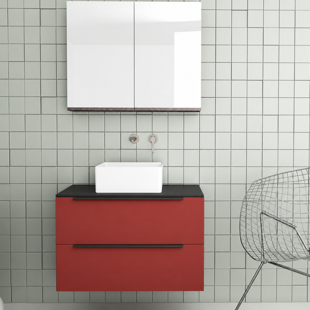 Orabella Solid Surface 80 Wall-Hung Bathroom Vanity for Countertop Basins - Laminate 165 / Black countertop / Two Drawers / Black handles