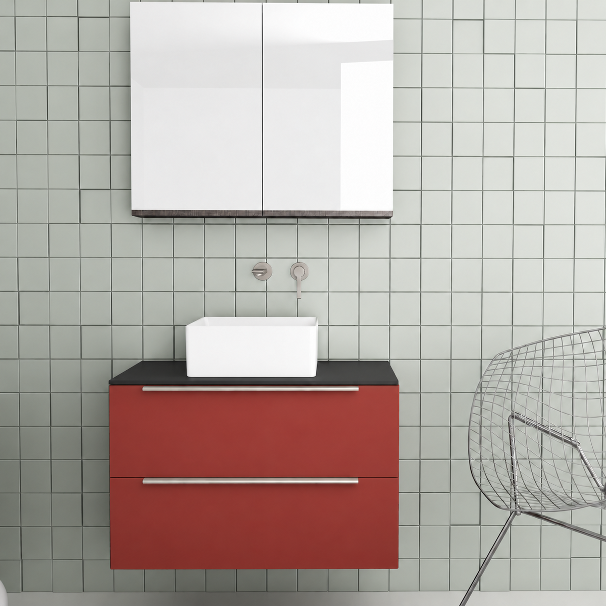 Orabella Solid Surface 80 Wall-Hung Bathroom Vanity for Countertop Basins - Laminate 165 / Black countertop / Two Drawers / Chrome handles