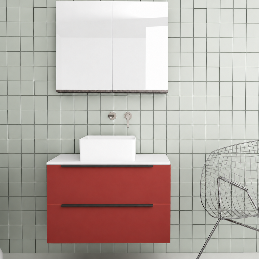 Orabella Solid Surface 80 Wall-Hung Bathroom Vanity for Countertop Basins - Laminate 165 / White countertop / Two Drawers / Black handles