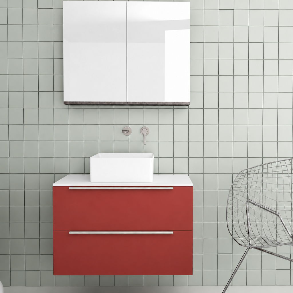 Orabella Solid Surface 80 Wall-Hung Bathroom Vanity for Countertop Basins - Laminate 165 / White countertop / Two Drawers / Chrome handles