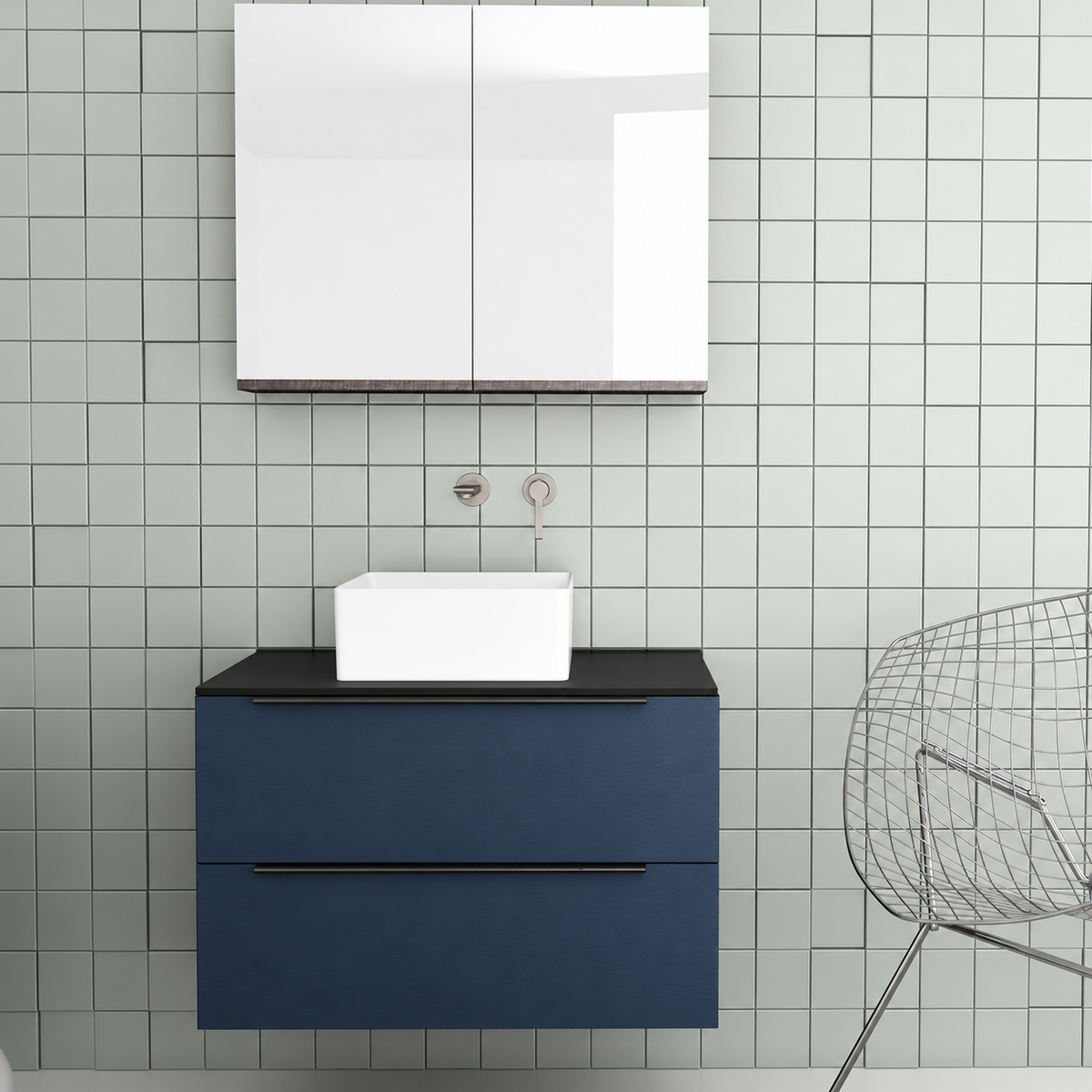 Orabella Solid Surface 80 Wall-Hung Bathroom Vanity for Countertop Basins - Laminate 167 / Black countertop / Two Drawers / Black handles