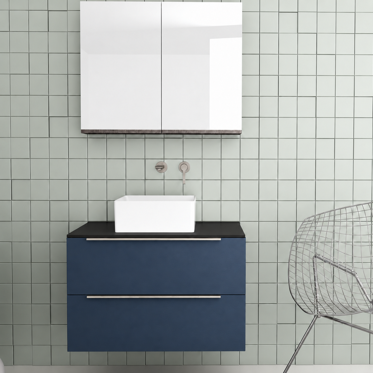 Orabella Solid Surface 80 Wall-Hung Bathroom Vanity for Countertop Basins - Laminate 167 / Black countertop / Two Drawers / Chrome handles