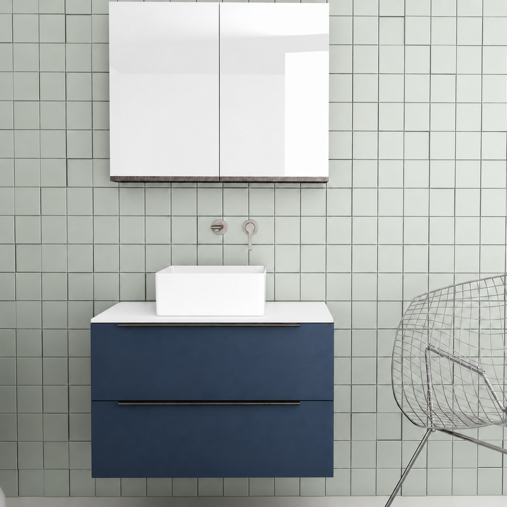 Orabella Solid Surface 80 Wall-Hung Bathroom Vanity for Countertop Basins - Laminate 167 / White countertop / Two Drawers / Black handles