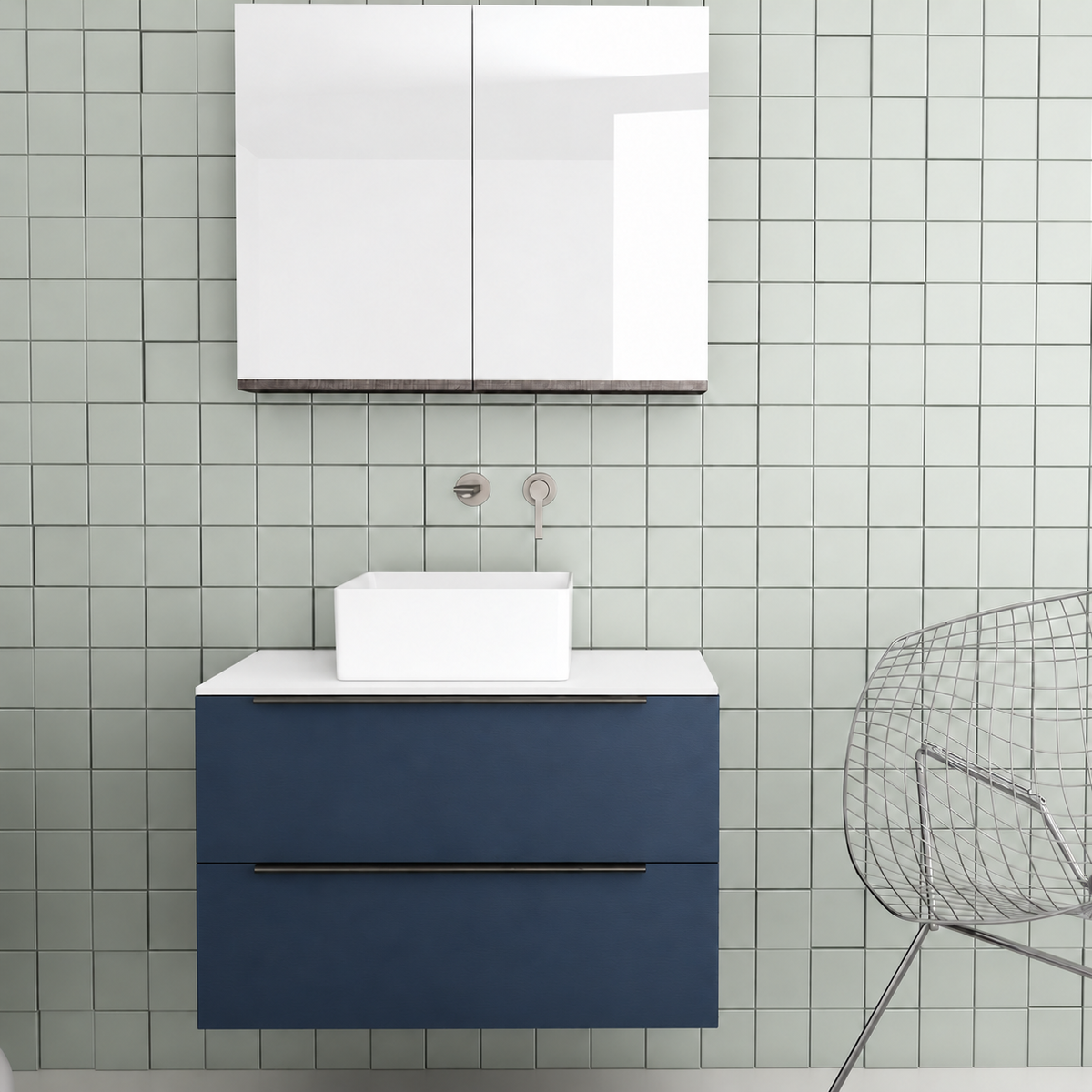 Orabella Solid Surface 80 Wall-Hung Bathroom Vanity for Countertop Basins - Laminate 167 / White countertop / Two Drawers / Black handles