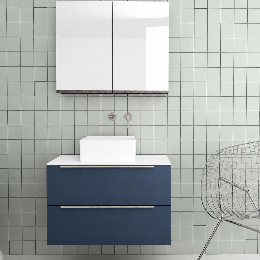 Orabella Solid Surface 80 Wall-Hung Bathroom Vanity for Countertop Basins - Laminate 167 / White countertop / Two Drawers / Chrome handles
