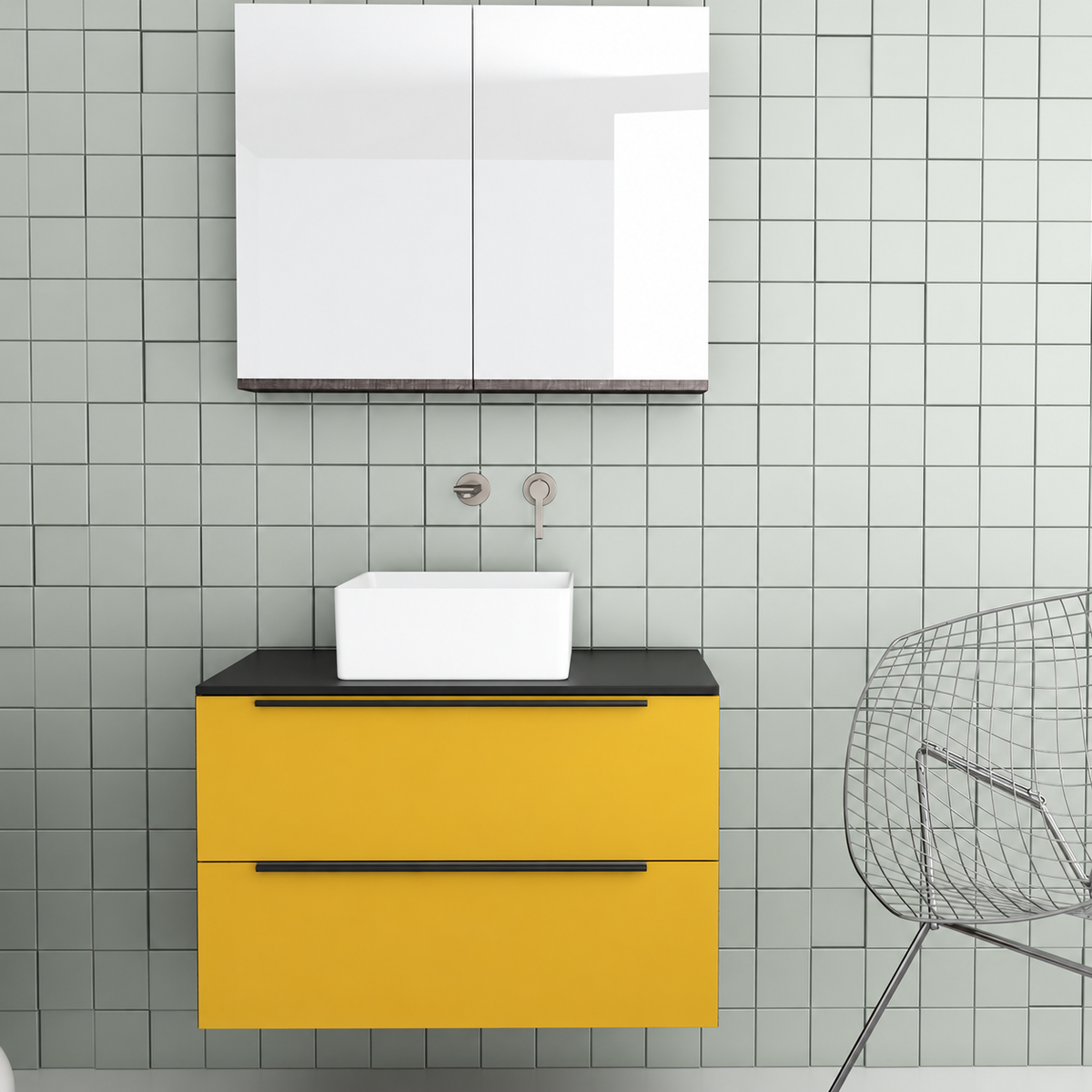 Orabella Solid Surface 80 Wall-Hung Bathroom Vanity for Countertop Basins - Laminate 168 / Black countertop / Two Drawers / Black handles