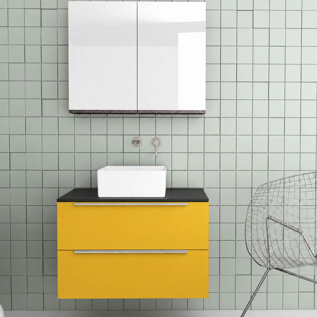 Orabella Solid Surface 80 Wall-Hung Bathroom Vanity for Countertop Basins - Laminate 168 / Black countertop / Two Drawers / Chrome handles
