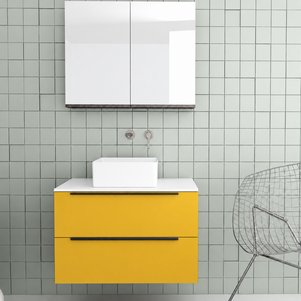 Orabella Solid Surface 80 Wall-Hung Bathroom Vanity for Countertop Basins - Laminate 168 / White countertop / Two Drawers / Black handles