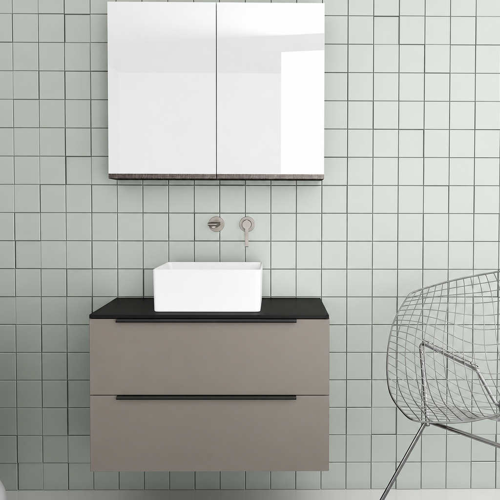 Orabella Solid Surface 80 Wall-Hung Bathroom Vanity for Countertop Basins - Laminate 194 / Black countertop / Two Drawers / Black handles