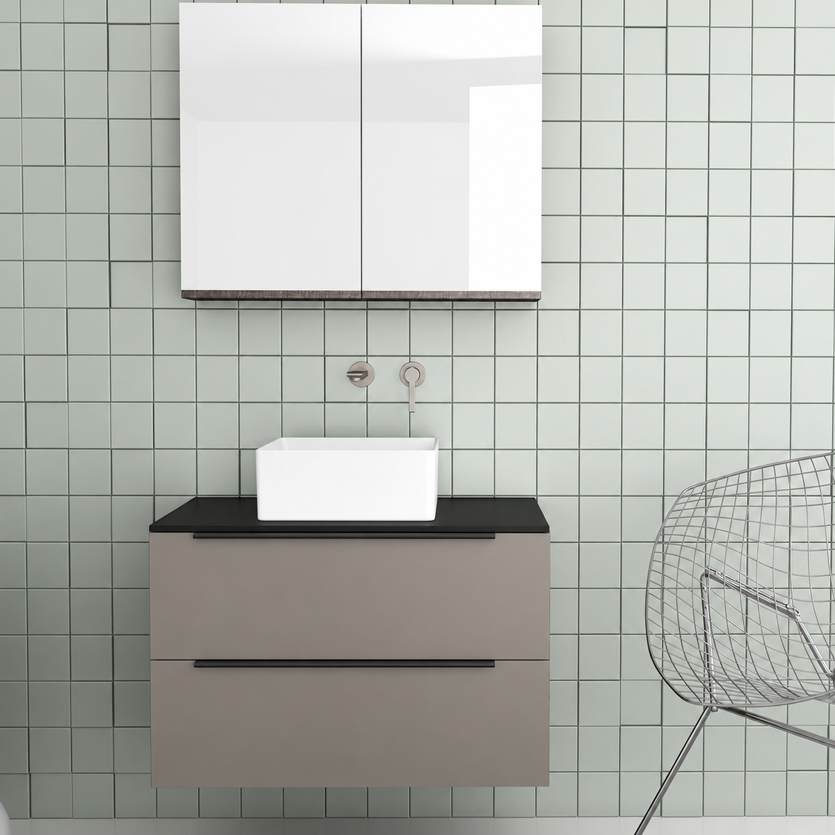 Orabella Solid Surface 80 Wall-Hung Bathroom Vanity for Countertop Basins - Laminate 194 / Black countertop / Two Drawers / Black handles