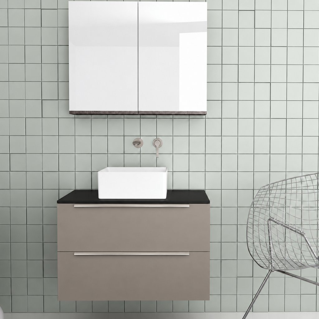 Orabella Solid Surface 80 Wall-Hung Bathroom Vanity for Countertop Basins - Laminate 194 / Black countertop / Two Drawers / Chrome handles