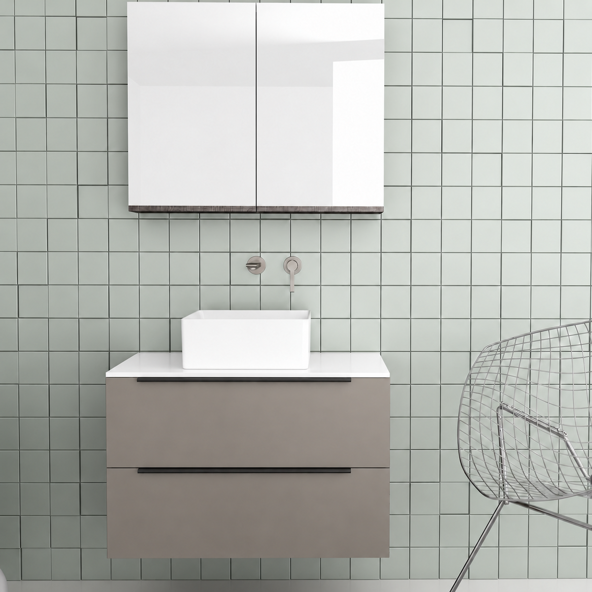 Orabella Solid Surface 80 Wall-Hung Bathroom Vanity for Countertop Basins - Laminate 194 / White countertop / Two Drawers / Black handles