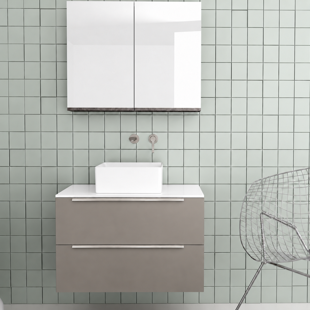 Orabella Solid Surface 80 Wall-Hung Bathroom Vanity for Countertop Basins - Laminate 194 / White countertop / Two Drawers / Chrome handles
