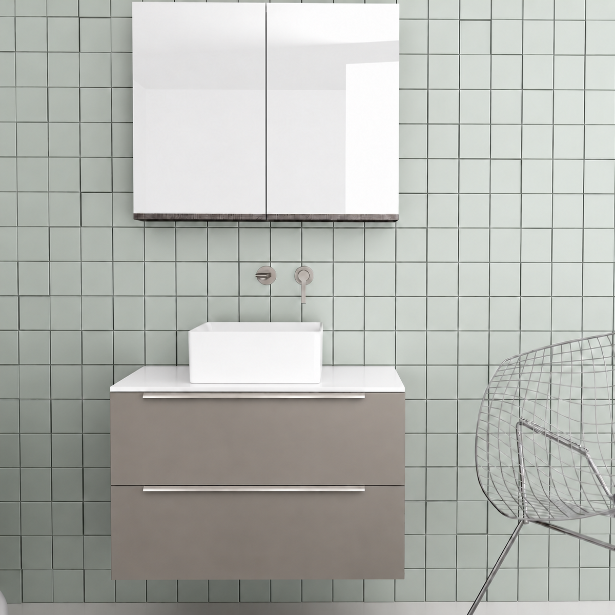 Orabella Solid Surface 80 Wall-Hung Bathroom Vanity for Countertop Basins - Laminate 194 / White countertop / Two Drawers / Chrome handles