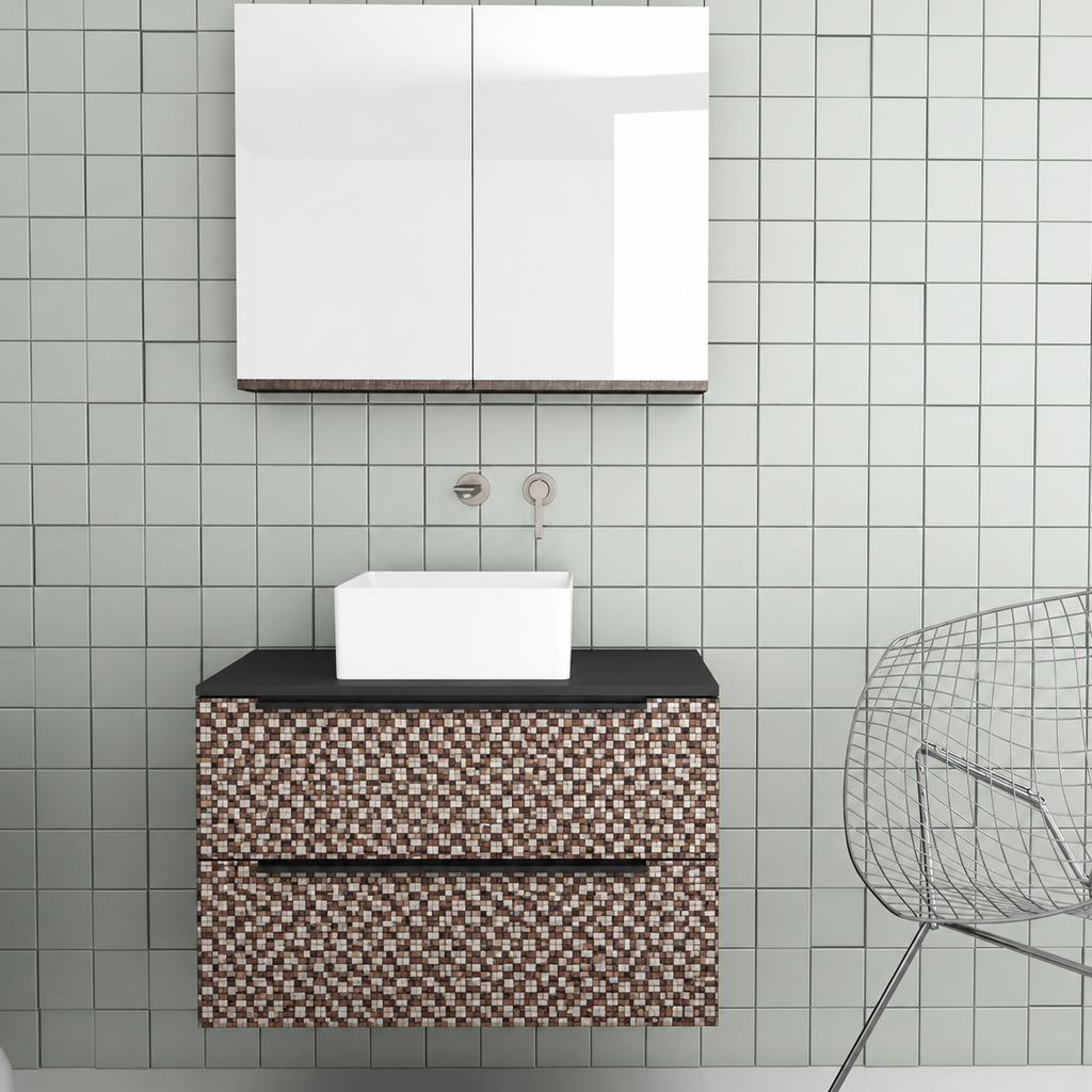 Orabella Solid Surface 80 Wall-Hung Bathroom Vanity for Countertop Basins - Laminate 245 / Black countertop / Two Drawers / Black handles