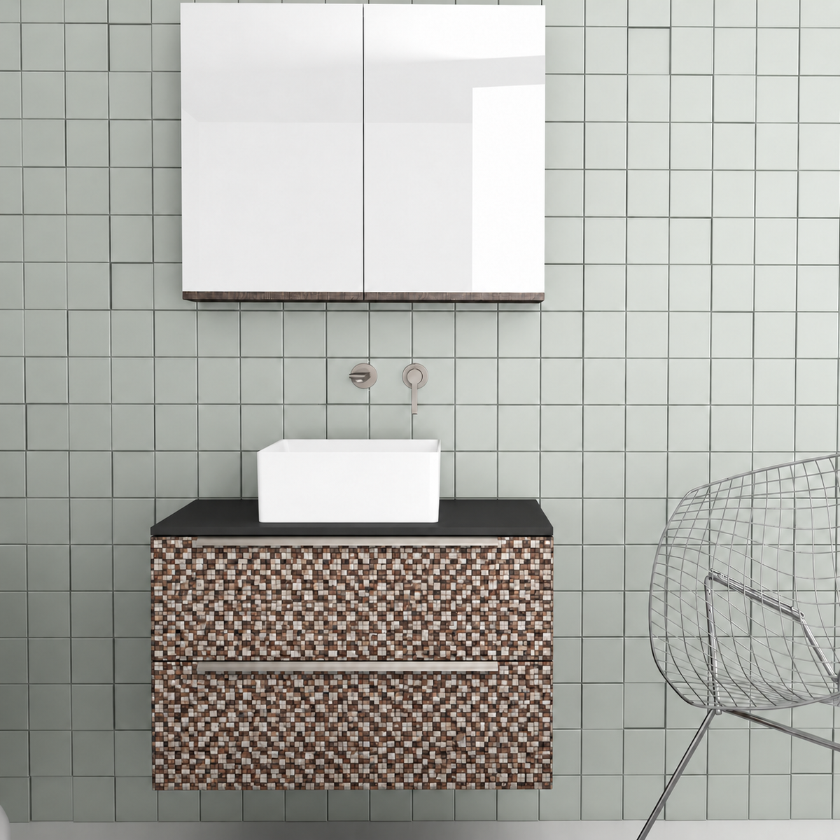Orabella Solid Surface 80 Wall-Hung Bathroom Vanity for Countertop Basins - Laminate 245 / Black countertop / Two Drawers / Chrome handles